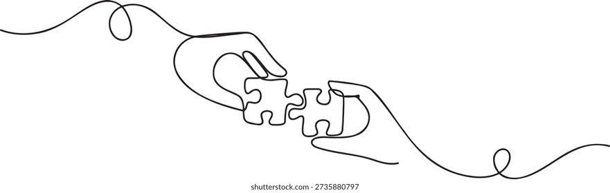 Single stroke illustration showing two hands bringing jigsaw pieces together perfect for concept of teamwork connection cooperation problem solving or relationship building minimalist design.