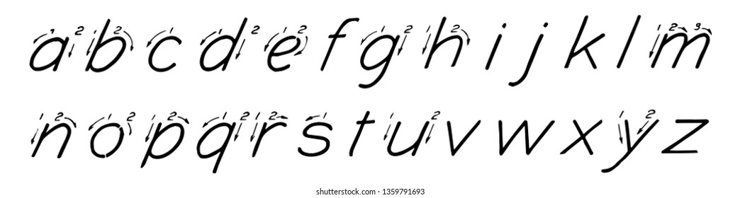 Single Stroke Inclined Lower Case Letters which are made with bodies two thirds the height of the capitals, vintage line drawing or engraving illustration.