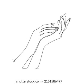 Single stroke line drawing of hands holding each other. Hand holding Vector illustration. Concept for logo, card, banner, poster flyer.