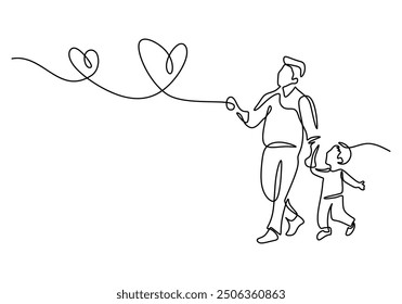 Single Stroke Sketch Father Son Walking Hand in Hand. Minimalist Line Hand Drawn Outline Vector Illustration.