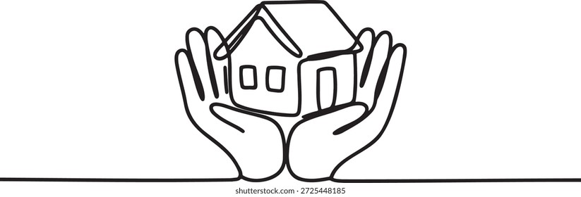 Vector de un solo golpe que ilustra las manos ahuecadas protegiendo cuidadosamente un Pequeño edificio residencial. Representa conceptos de vivienda propia, refugio, seguridad y protección inmobiliaria.