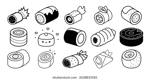 A single, stylish silhouette icon of a sushi roll.  The design is clean and minimalist, perfect for menus, websites, or branding related to Japanese cuisine.