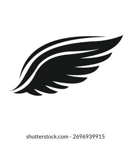 A single, stylized black wing is presented against a clean white background. The wing features bold, curved lines that suggest movement and elegance, creating a striking graphic element.