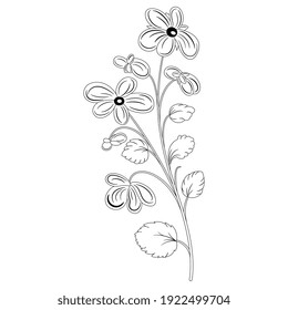 Single stylized blooming branch with flowers. Beautiful floral motif. Folk style. Black and white linear silhouette.