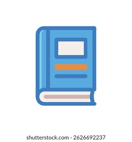 Ilustração de livro único estilizado com capa azul claro, páginas bege e acentos laranja. Apresentado em um estilo gráfico plano minimalista em um fundo branco.