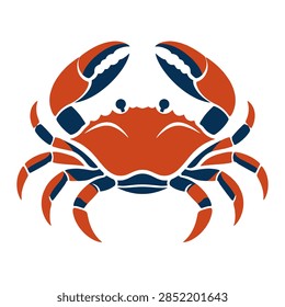 A single stylized crab is shown front-facing with raised claws, segmented legs, and a symmetrical red and dark blue body on a plain white background.