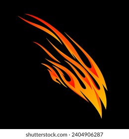 A single, stylized flame with a long, sinuous body and a wispy tip. The flame is colored in shades of orange, yellow, and white on a dark background