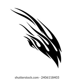 A single, stylized flame with a long, sinuous body and a wispy tip. Monochrome Illustration on a white background