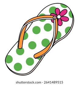 Single stylized flip flop features white color, green polka dots, and orange straps. Topping it off is a pink flower, all rendered against a clean transparent background.