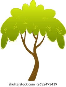 Árvore verde estilizada única com folhagem larga agrupada e tronco marrom curvo sobre fundo branco. Ilustração de desenho animado plano. Conceito de floresta e parque. Design para banner, cartaz e impressão.