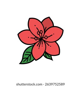 A single, stylized salmon-colored flower with dark, bold outlines and two green leaves is centered against a crisp white backdrop, isolated and digitally rendered.