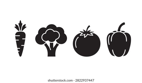 Single subject collection of four fresh vegetables carrot broccoli tomato pepper
