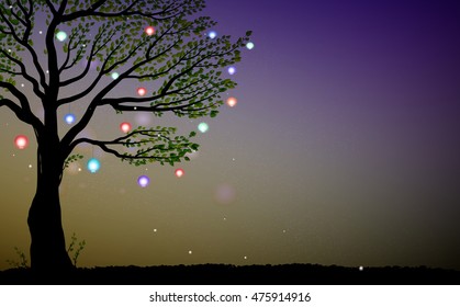 single summer fairy tree with colored lanterns and sparkles, tree and fireflies in the evening, magic fairy evening, vector