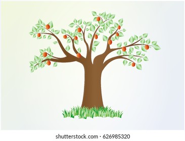single summer tree with green leaves and red fruit, vector, horizontal