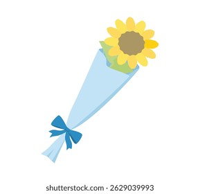 A single sunflower with a blue ribbon.