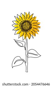 Single sunflower simple vector line illustration. One line art drawing of sunflower.