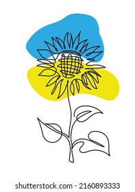 Single sunflower simple vector line illustration. One line art drawing of sunflower with colors of ukrainian flag blue and yellow.