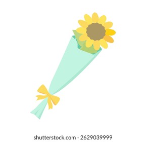 A single sunflower with a yellow ribbon.