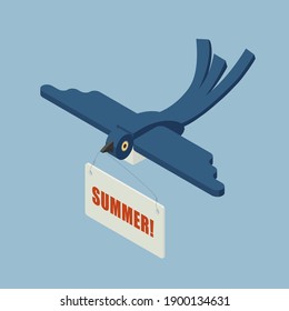 Single swallow with a message - isometric concept illustration of saying: one swallow does not make a summer.