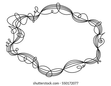 Single swing thread frame. Decorative ornament and border for text and images. One line going five times around shaping an ellipse like a wire sculpture. Black illustration on white background. Vector