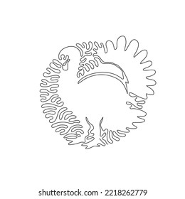 Single swirl continuous line drawing of gorgeous turkey bird with large fan shaped tail. Continuous line draw graphic design vector illustration style of large bird for icon, logo, poster wall decor