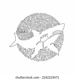 Single swirl continuous line drawing of shortfin shark abstract art. Continuous line draw graphic design vector illustration style of pointed snouts shark for icon, sign, minimalism modern wall decor