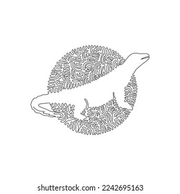 Single swirl continuous line drawing of predatory reptile abstract art. Continuous line draw graphic design vector illustration style of large komodo dragon for icon, minimalism modern wall decor