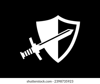 Una espada y un emblema de escudo con negro. Mínimo símbolo de lujo de arma o batalla. Ilustración vectorial de la espada con concepto de protección.