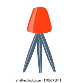 Single table lamp on three legs with a red shade, isolated on a white background. Vector drawing in flat style.