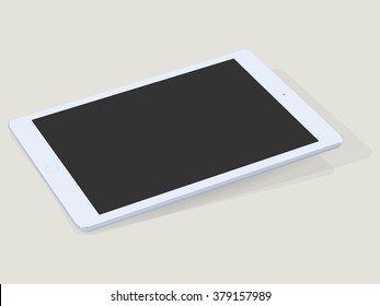 Single tablet computer with blank black screen laying down on table with shadow