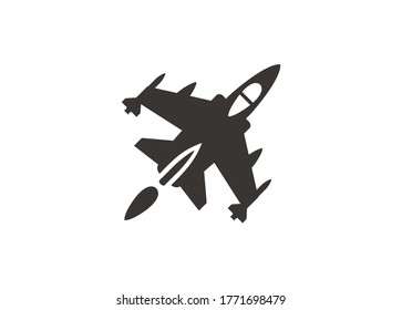 Single Tail Jet Fighter. Simple Icon In Black And White