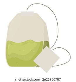 Un sachet de thé rempli de feuilles de thé vert est montré avec sa ficelle et l'étiquette