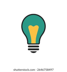 Uma única lâmpada azul-petróleo é representada com um filamento amarelo, sentado em cima de uma base preta. A ilustração iconográfica tem linhas limpas e um design plano em um pano de fundo branco.