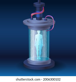 single teleport chamber with body silhouette, cryo chamber for freezing and travel on a spaceship, medical science fiction chamber concept for treatment and hibernation
