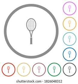 Single tennis racket flat color icons in round outlines on white background