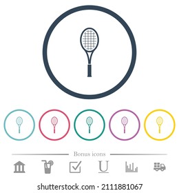 Single tennis racket flat color icons in round outlines. 6 bonus icons included.