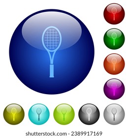 Single tennis racket icons on round glass buttons in multiple colors. Arranged layer structure