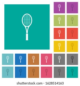 Single tennis racket multi colored flat icons on plain square backgrounds. Included white and darker icon variations for hover or active effects.