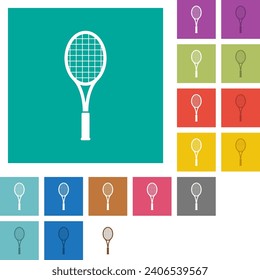 Single tennis racket multi colored flat icons on plain square backgrounds. Included white and darker icon variations for hover or active effects.