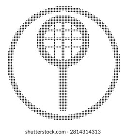 Single tennis racket silhouette constructed with halftone dot pattern texture sporting equipment for athletic games recreation and fitness activities icon.