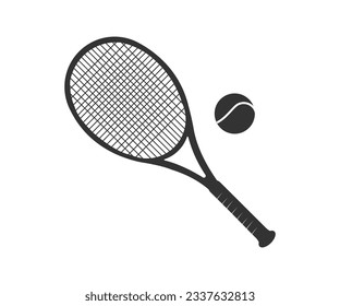 Single tennis racquet with a ball on white background logo design. Sport equipment. Big tennis concept vector design and illustration.