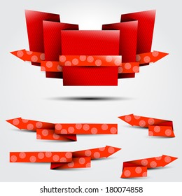Single textured red ribbon and collection of the red arrows with circles texture on the gray background