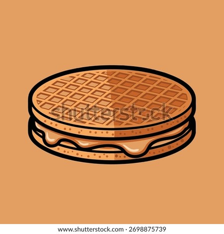 A single, thin, and crispy Dutch stroopwafel, a classic waffle cookie made from two thin layers of baked dough with a caramel-like syrup filling in the middle. Vector Illustration