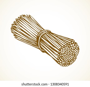 Single thin rod set on light backdrop. Freehand black outline ink hand drawn eco healthcare bundle box logo design emblem in retro art doodle engrave style pen on paper space for text. Close up view
