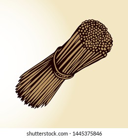 Single thin rod set on light backdrop. Freehand black outline ink hand drawn eco healthcare bundle box logo design emblem in retro art doodle engrave style pen on paper space for text. Close up view