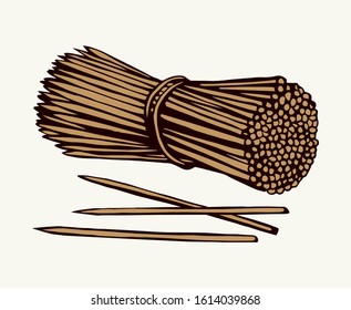 Single thin rod set on light backdrop. Freehand black outline ink hand drawn eco healthcare bundle box logo design emblem in retro art doodle engrave style pen on paper space for text. Close up view