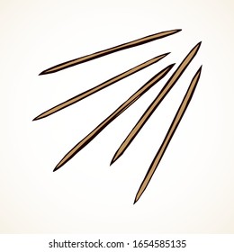 Single thin rod set on light backdrop. Freehand black outline ink hand drawn eco healthcare bundle box logo design emblem in retro art doodle engrave style pen on paper space for text. Close up view