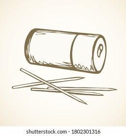 Single thin rod set on light backdrop. Freehand black outline ink hand drawn eco healthcare bundle box logo design emblem in retro art doodle engrave style pen on paper space for text. Close up view