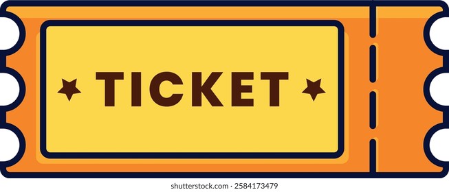 Single ticket icon with vibrant orange and yellow tones, bold outline, and playful design. Perfect for representing event admission, entertainment, ticketing services, raffles, or promotional material