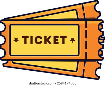 Single ticket icon with vibrant orange and yellow tones, bold outline, and playful design. Perfect for representing event admission, entertainment